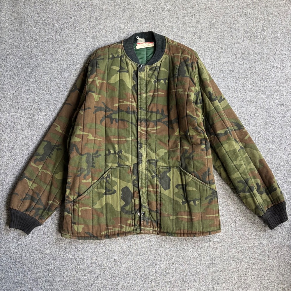 Vintage 70s Dacron Camo Jacket Mens Large Quilted Insulated Woodland Camouflage